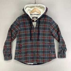 L.L. Bean Flannel Jacket Womens S Gray Plaid Sherpa Full Zip Hooded Relaxed Fit
